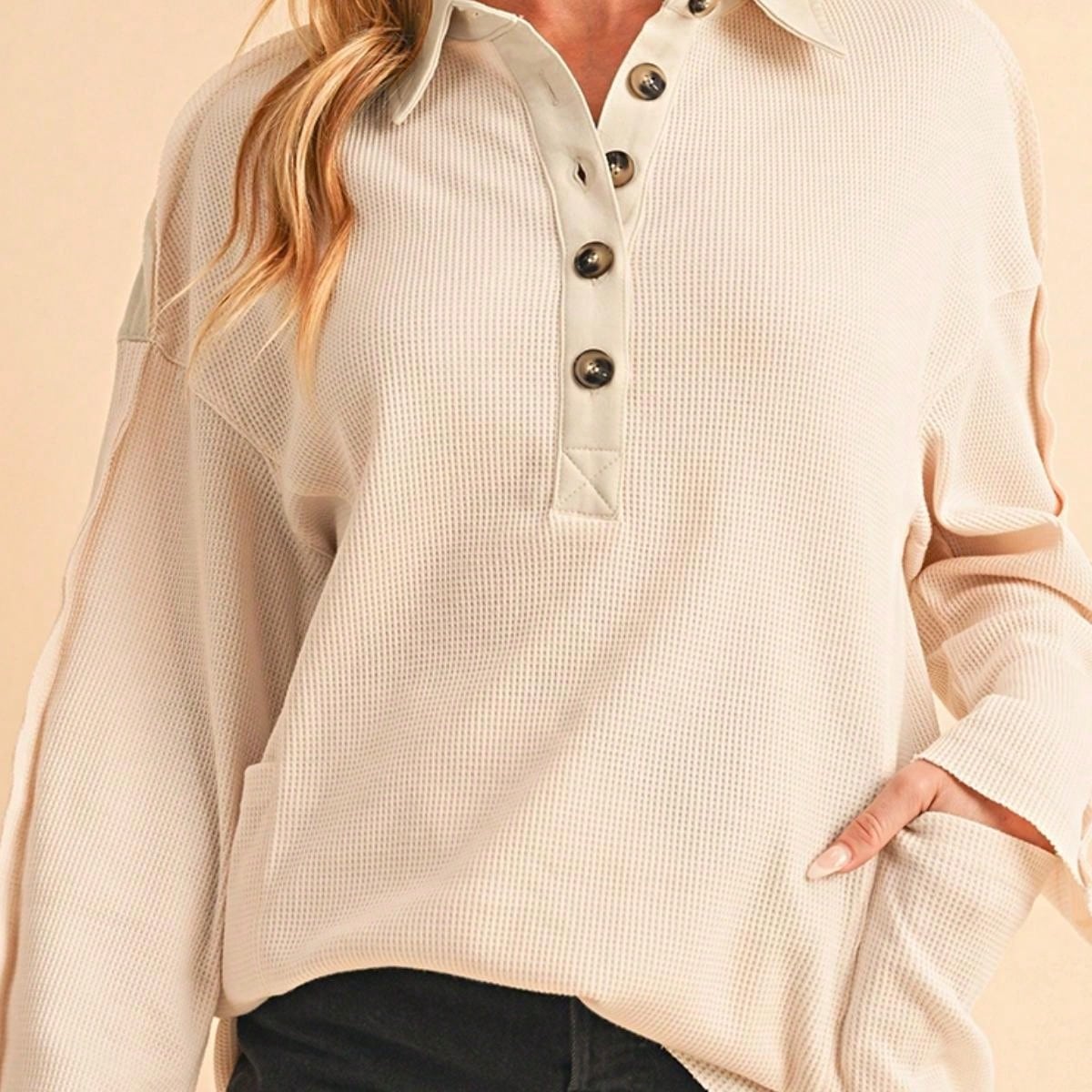 Boho Retro Vintage 90's Cotton Vanilla Beige Button Waffle Patchwork Long Pocket Sleeve Henley Knit Top Sweat Shirt Pullover