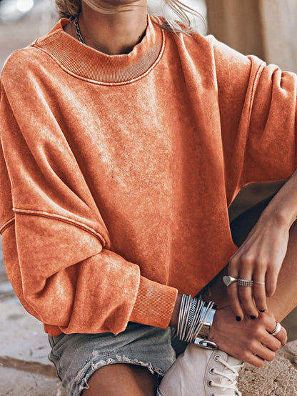 Boho Retro 60's Cotton Mix  Drop Shoulder Mineral Acid Washed Oversized Mock Neck Dolman T Shirt Top  Sweat Shirt