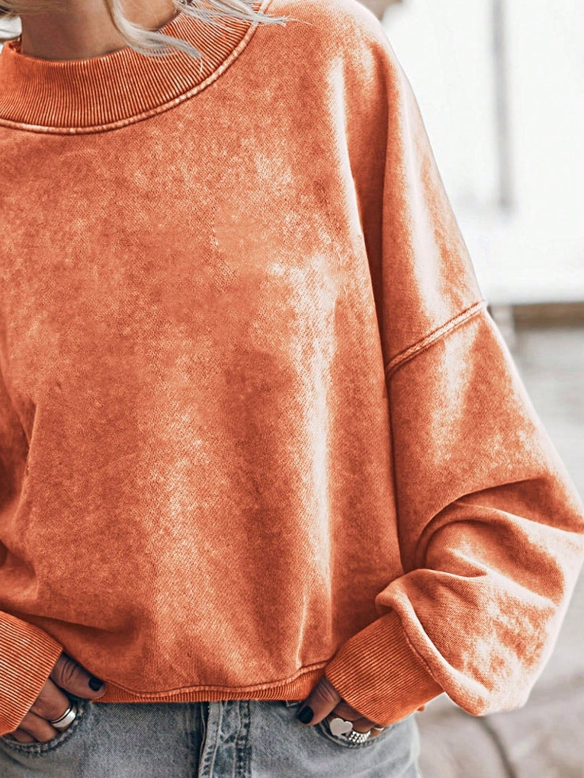 Boho Retro 60's Cotton Mix  Drop Shoulder Mineral Acid Washed Oversized Mock Neck Dolman T Shirt Top  Sweat Shirt