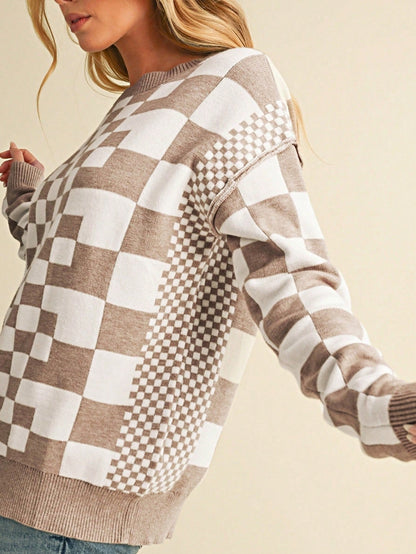 Boho Retro Vintage Viscose 60's  Drop Shoulder Button Henley Side  Sleeve Khaki Beige Checkered Cream Sweater Knit Top Pullover Red