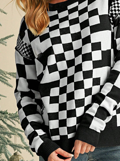 Boho Retro Vintage Viscose 60's  Drop Shoulder Button Henley Side  Sleeve Khaki Beige Checkered Cream Sweater Knit Top Pullover Red