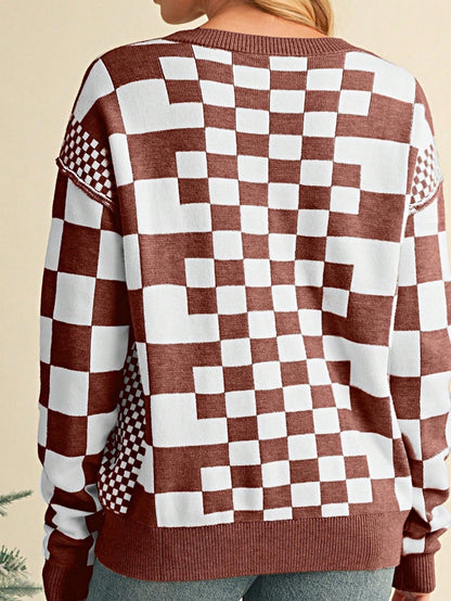 Boho Retro Vintage Viscose 60's  Drop Shoulder Button Henley Side  Sleeve Khaki Beige Checkered Cream Sweater Knit Top Pullover Red