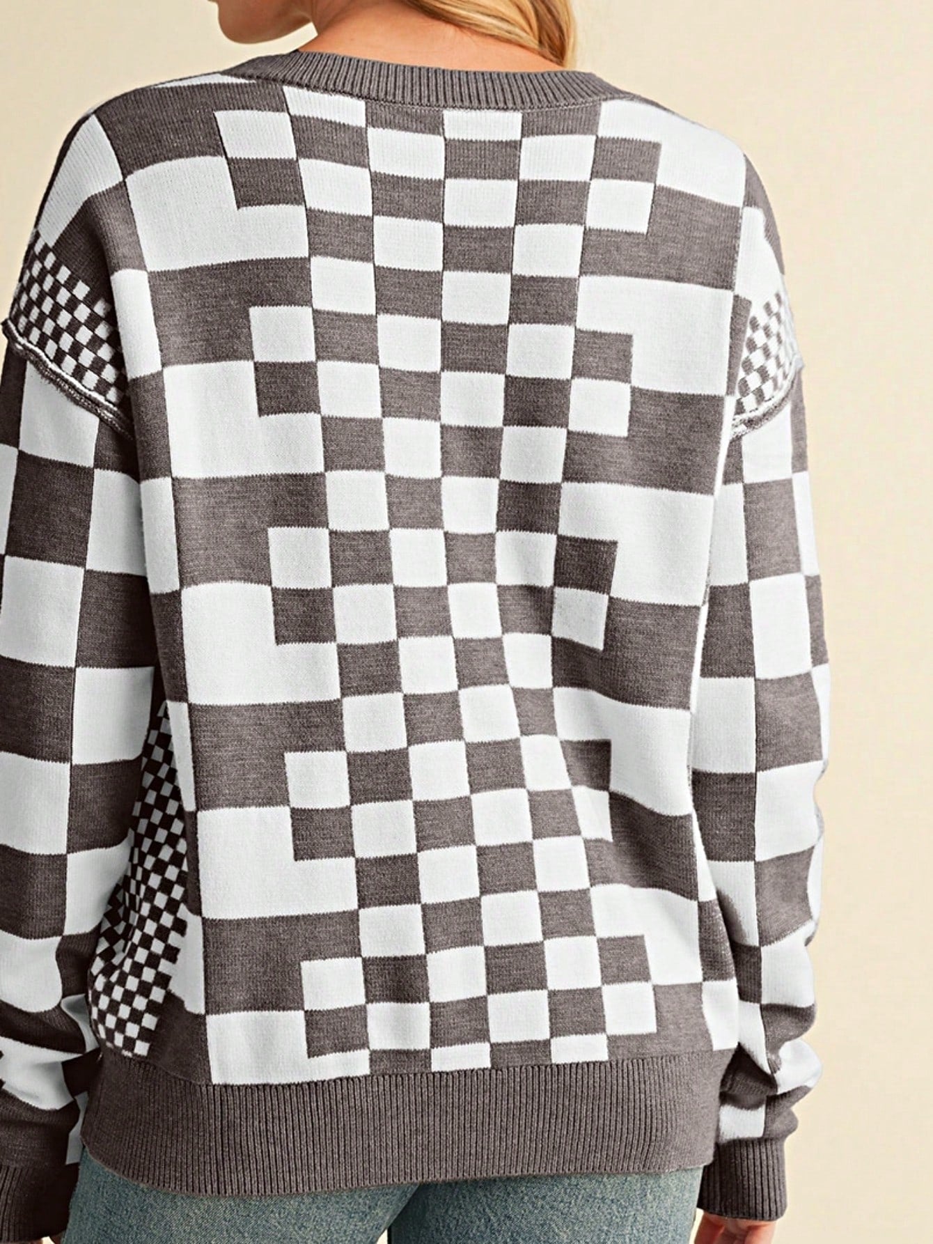 Boho Retro Vintage Viscose 60's  Drop Shoulder Button Henley Side  Sleeve Khaki Beige Checkered Cream Sweater Knit Top Pullover Red