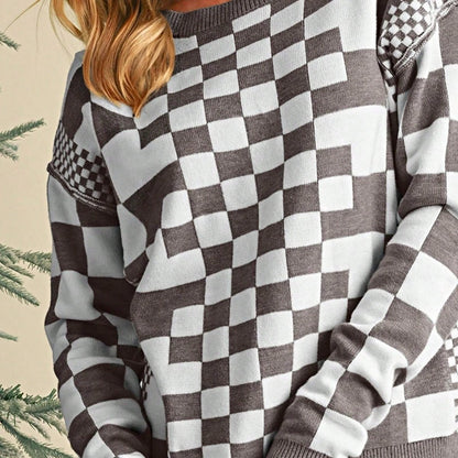 Boho Retro Vintage Viscose 60's  Drop Shoulder Button Henley Side  Sleeve Khaki Beige Checkered Cream Sweater Knit Top Pullover Red