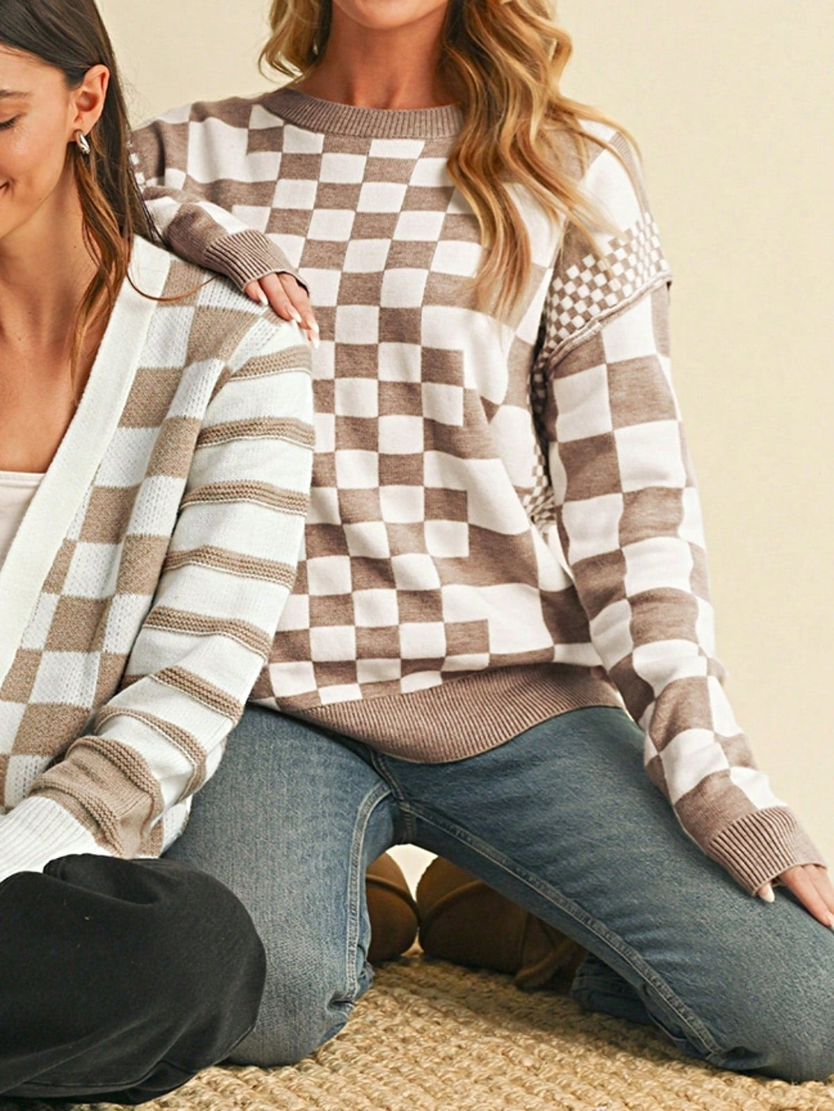 Boho Retro Vintage Viscose 60's  Drop Shoulder Button Henley Side  Sleeve Khaki Beige Checkered Cream Sweater Knit Top Pullover Red