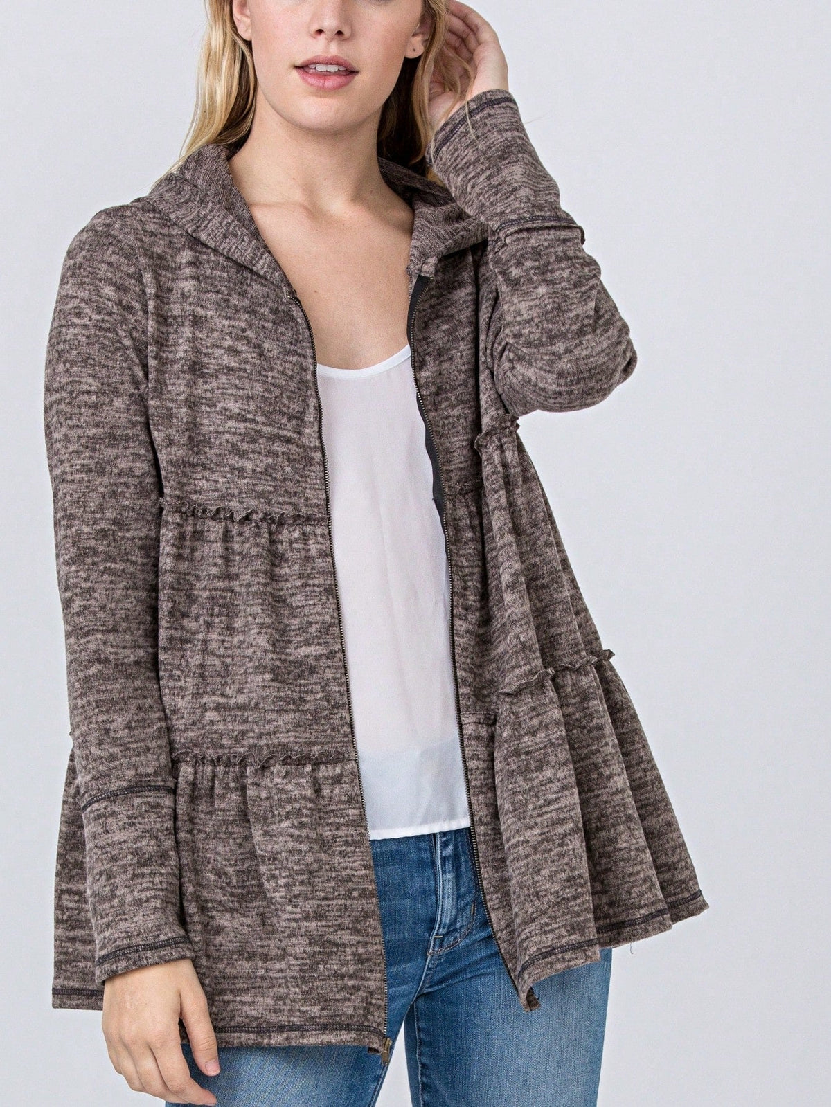 Boho Vintage 90's  Solid Brushed Knit Classic Tiered Hooded Zip Up Flared Cardigan Jacket