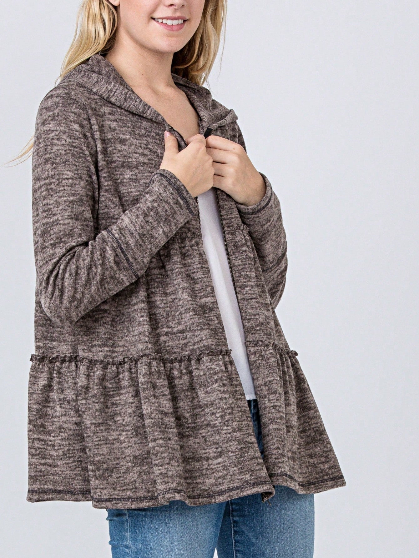 Boho Vintage 90's  Solid Brushed Knit Classic Tiered Hooded Zip Up Flared Cardigan Jacket