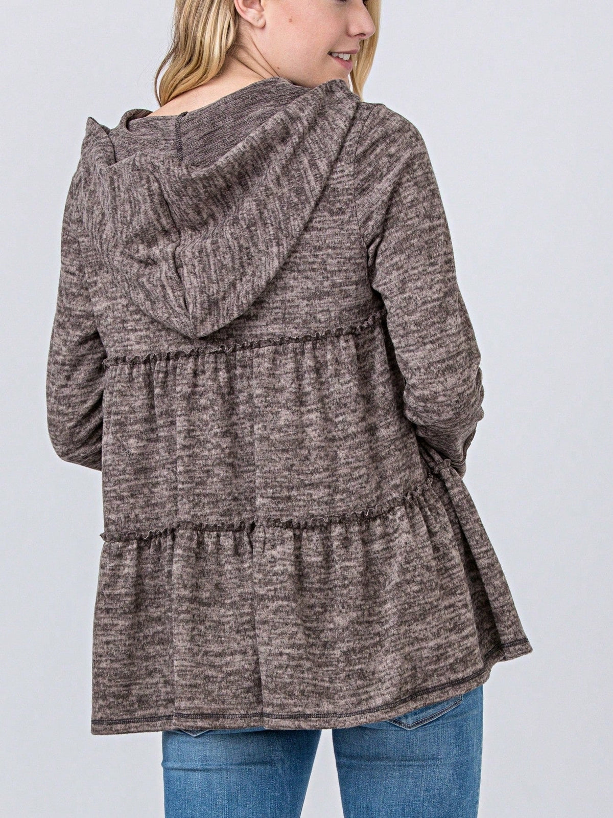 Boho Vintage 90's  Solid Brushed Knit Classic Tiered Hooded Zip Up Flared Cardigan Jacket