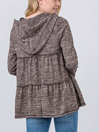 Boho Vintage 90's  Solid Brushed Knit Classic Tiered Hooded Zip Up Flared Cardigan Jacket