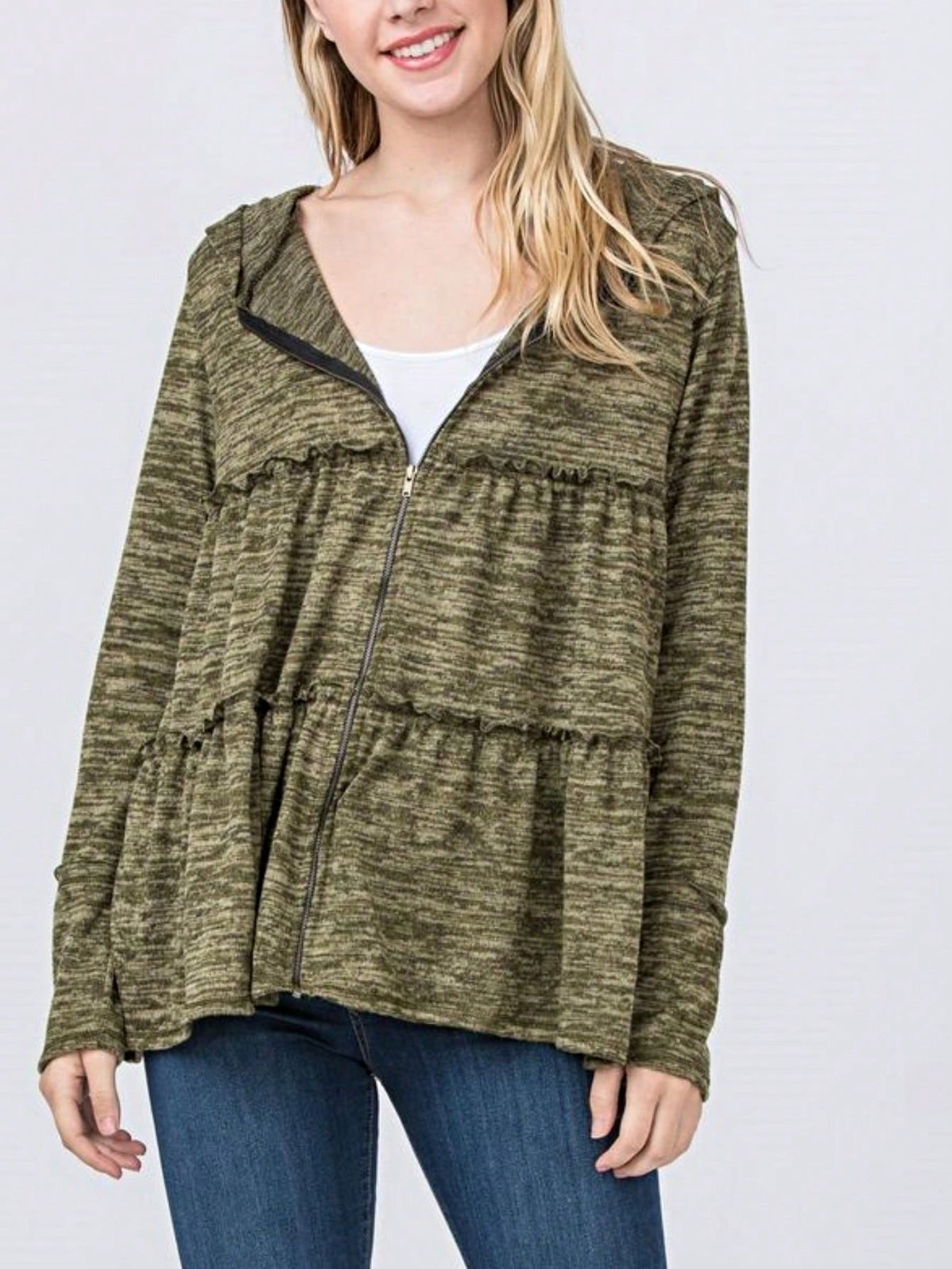 Boho Vintage 90's  Solid Brushed Knit Classic Tiered Hooded Zip Up Flared Cardigan Jacket
