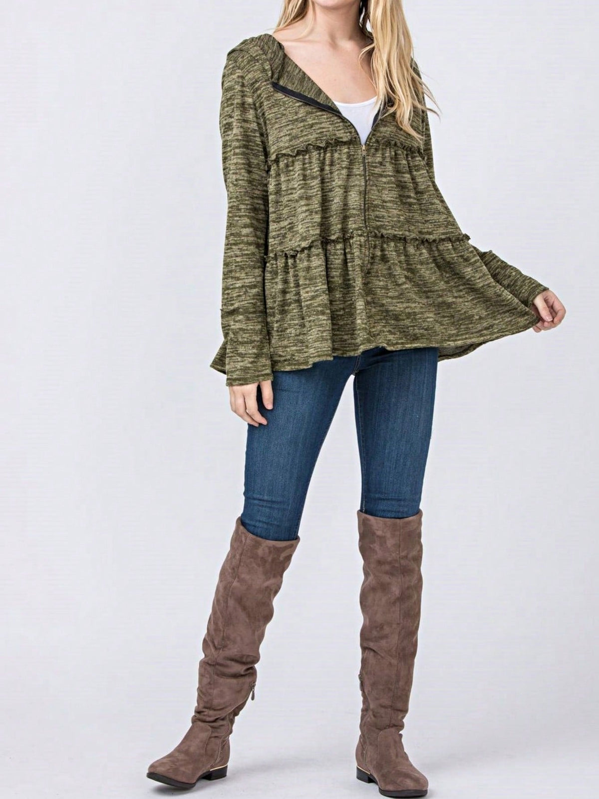 Boho Vintage 90's  Solid Brushed Knit Classic Tiered Hooded Zip Up Flared Cardigan Jacket