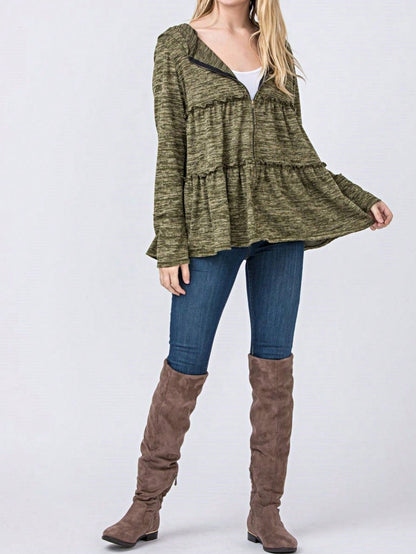 Boho Vintage 90's  Solid Brushed Knit Classic Tiered Hooded Zip Up Flared Cardigan Jacket