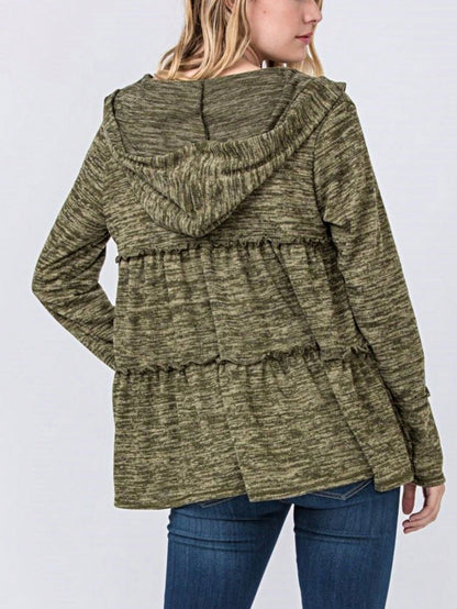 Boho Vintage 90's  Solid Brushed Knit Classic Tiered Hooded Zip Up Flared Cardigan Jacket
