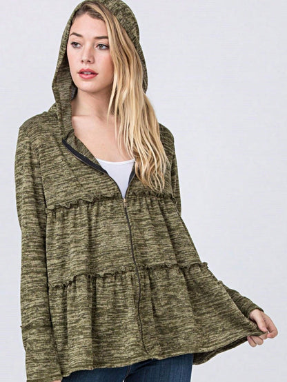 Boho Vintage 90's  Solid Brushed Knit Classic Tiered Hooded Zip Up Flared Cardigan Jacket