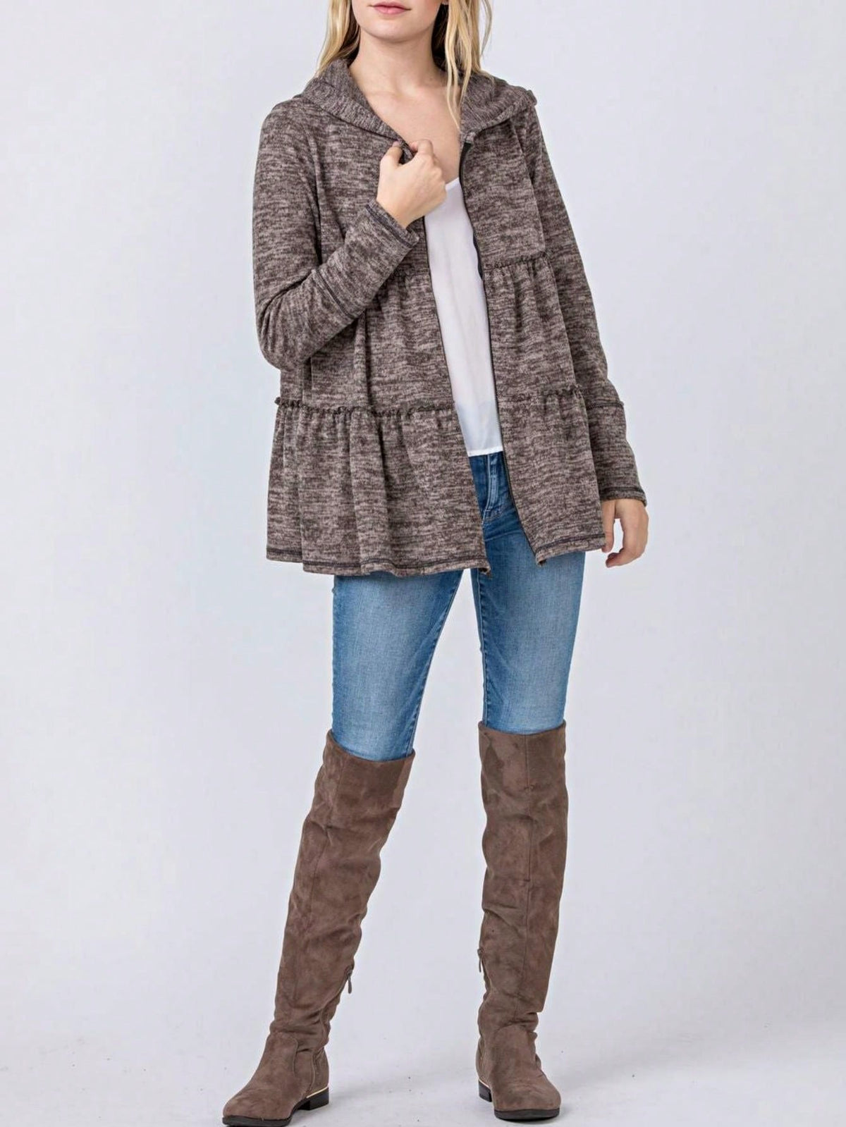 Boho Vintage 90's  Solid Brushed Knit Classic Tiered Hooded Zip Up Flared Cardigan Jacket