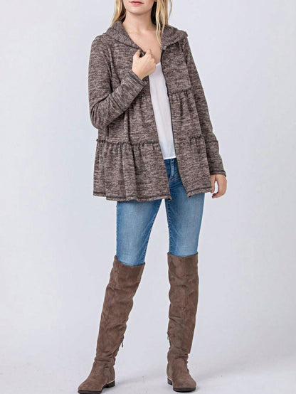 Boho Vintage 90's  Solid Brushed Knit Classic Tiered Hooded Zip Up Flared Cardigan Jacket