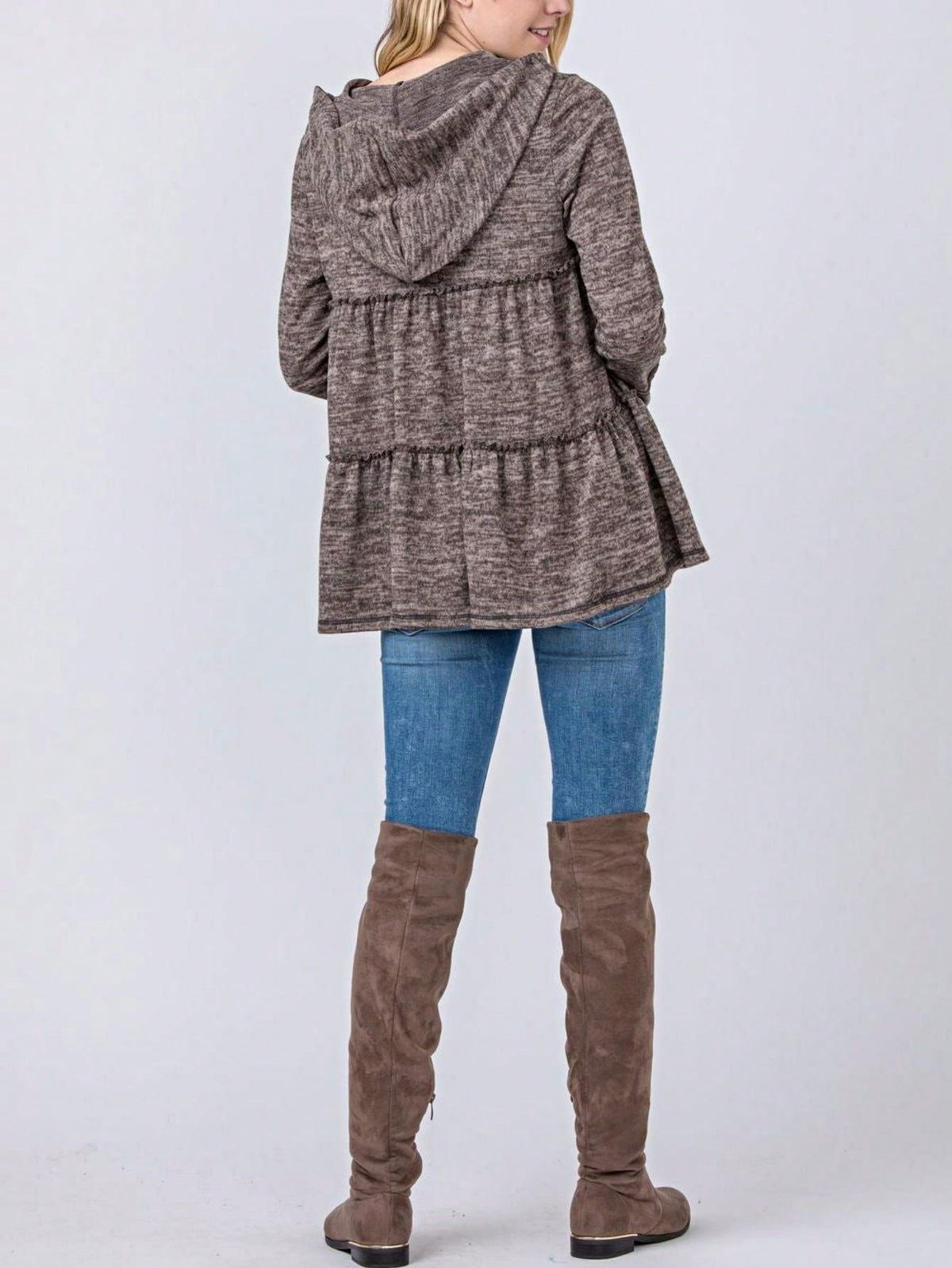 Boho Vintage 90's  Solid Brushed Knit Classic Tiered Hooded Zip Up Flared Cardigan Jacket