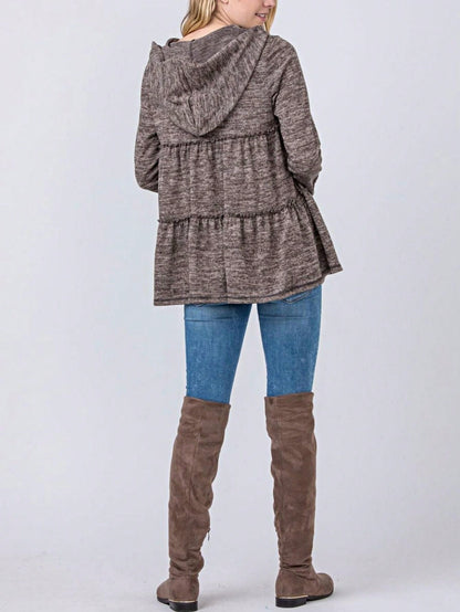 Boho Vintage 90's  Solid Brushed Knit Classic Tiered Hooded Zip Up Flared Cardigan Jacket