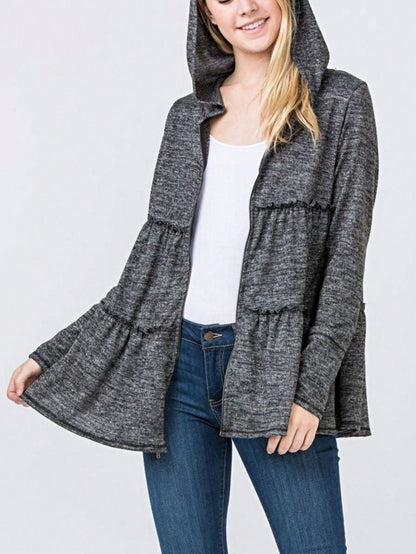 Boho Vintage 90's  Solid Brushed Knit Classic Tiered Hooded Zip Up Flared Cardigan Jacket