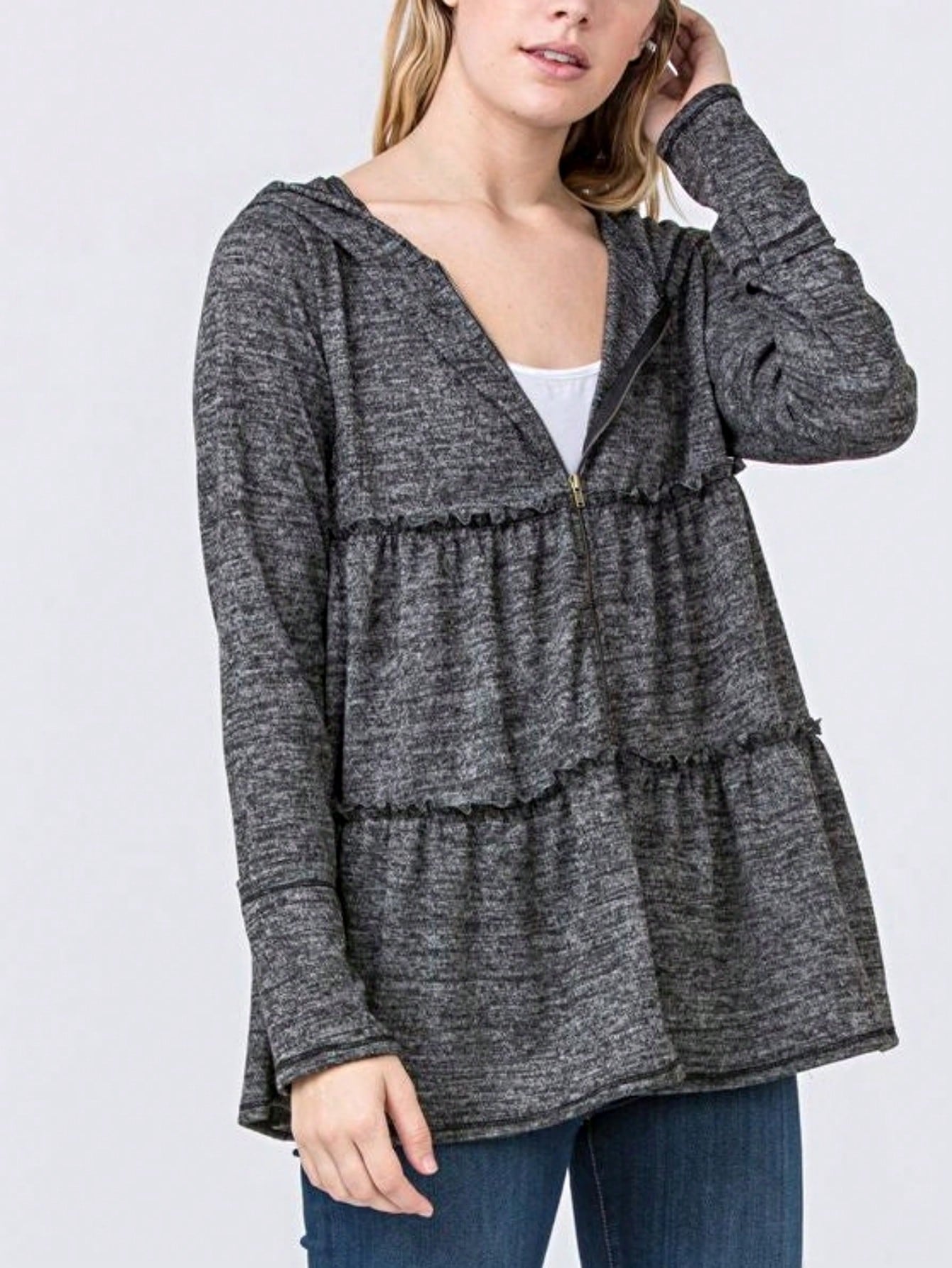 Boho Vintage 90's  Solid Brushed Knit Classic Tiered Hooded Zip Up Flared Cardigan Jacket