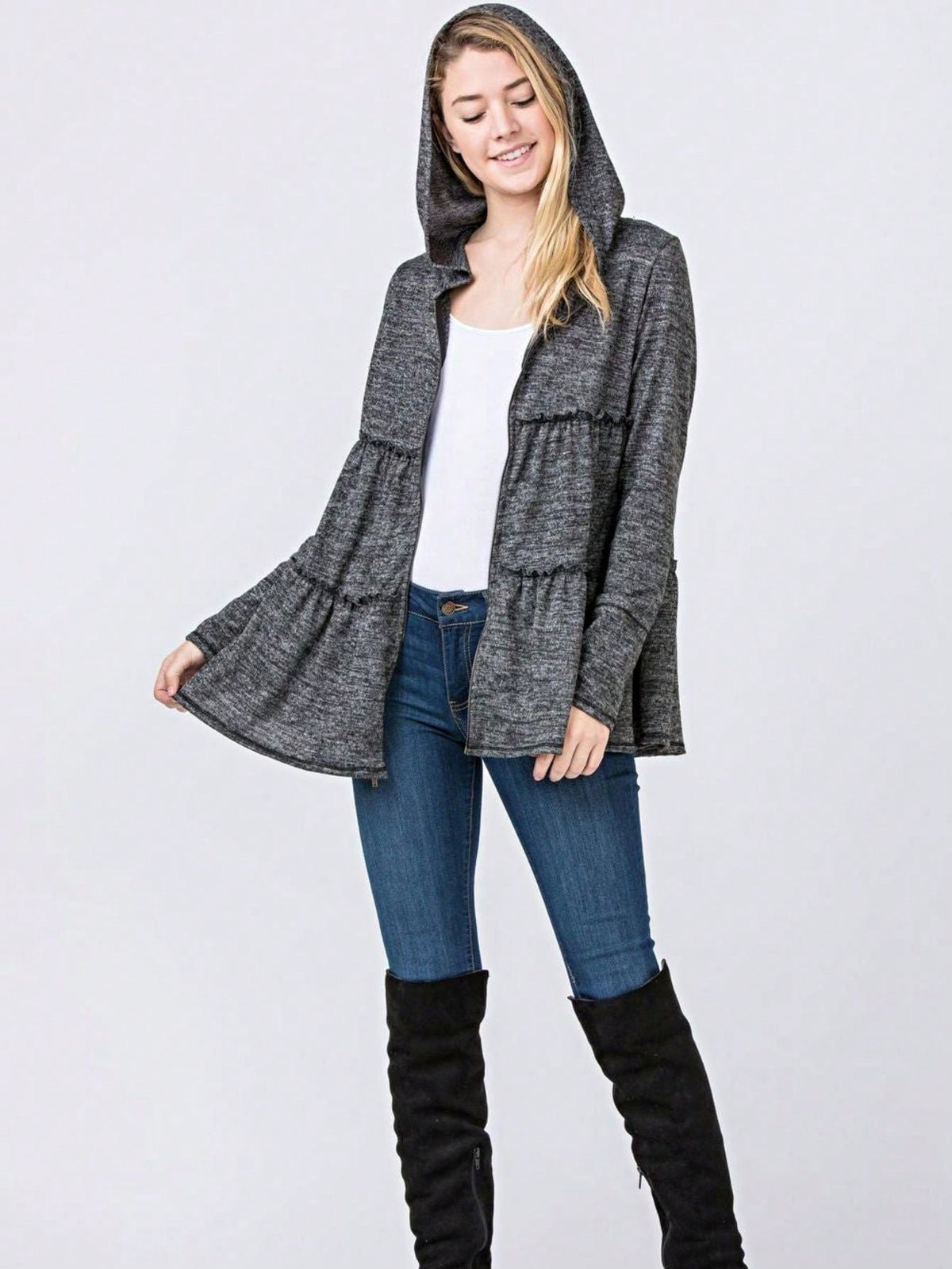 Boho Vintage 90's  Solid Brushed Knit Classic Tiered Hooded Zip Up Flared Cardigan Jacket