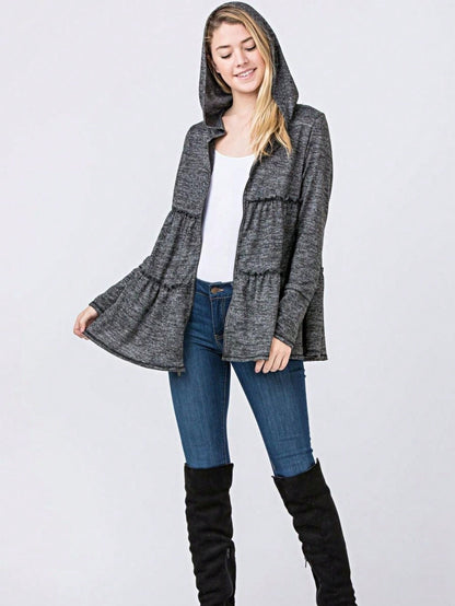 Boho Vintage 90's  Solid Brushed Knit Classic Tiered Hooded Zip Up Flared Cardigan Jacket