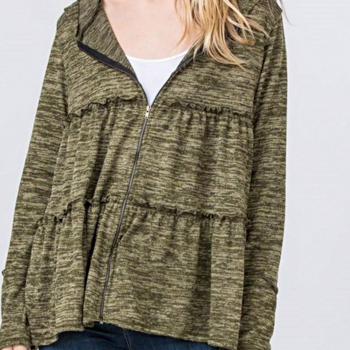 Boho Vintage 90's  Solid Brushed Knit Classic Tiered Hooded Zip Up Flared Cardigan Jacket