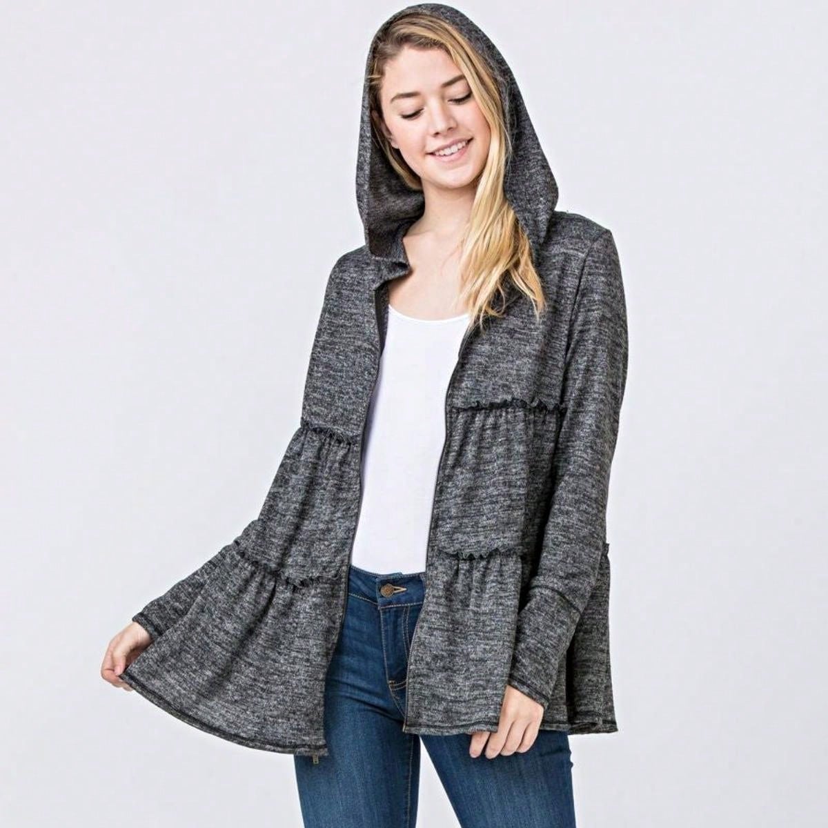 Boho Vintage 90's  Solid Brushed Knit Classic Tiered Hooded Zip Up Flared Cardigan Jacket