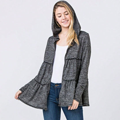 Boho Vintage 90's  Solid Brushed Knit Classic Tiered Hooded Zip Up Flared Cardigan Jacket