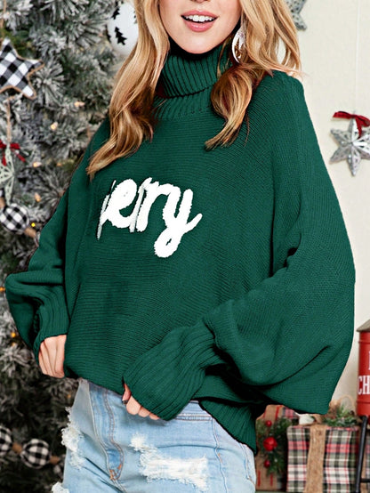 Boho Retro Vintage  90's  Drop Shoulder Dolman Sleeve Turtle Mock Neck Blue Green Pink Rose Stripe Merry Christmas Holly  Sweater Knit Top Pullover