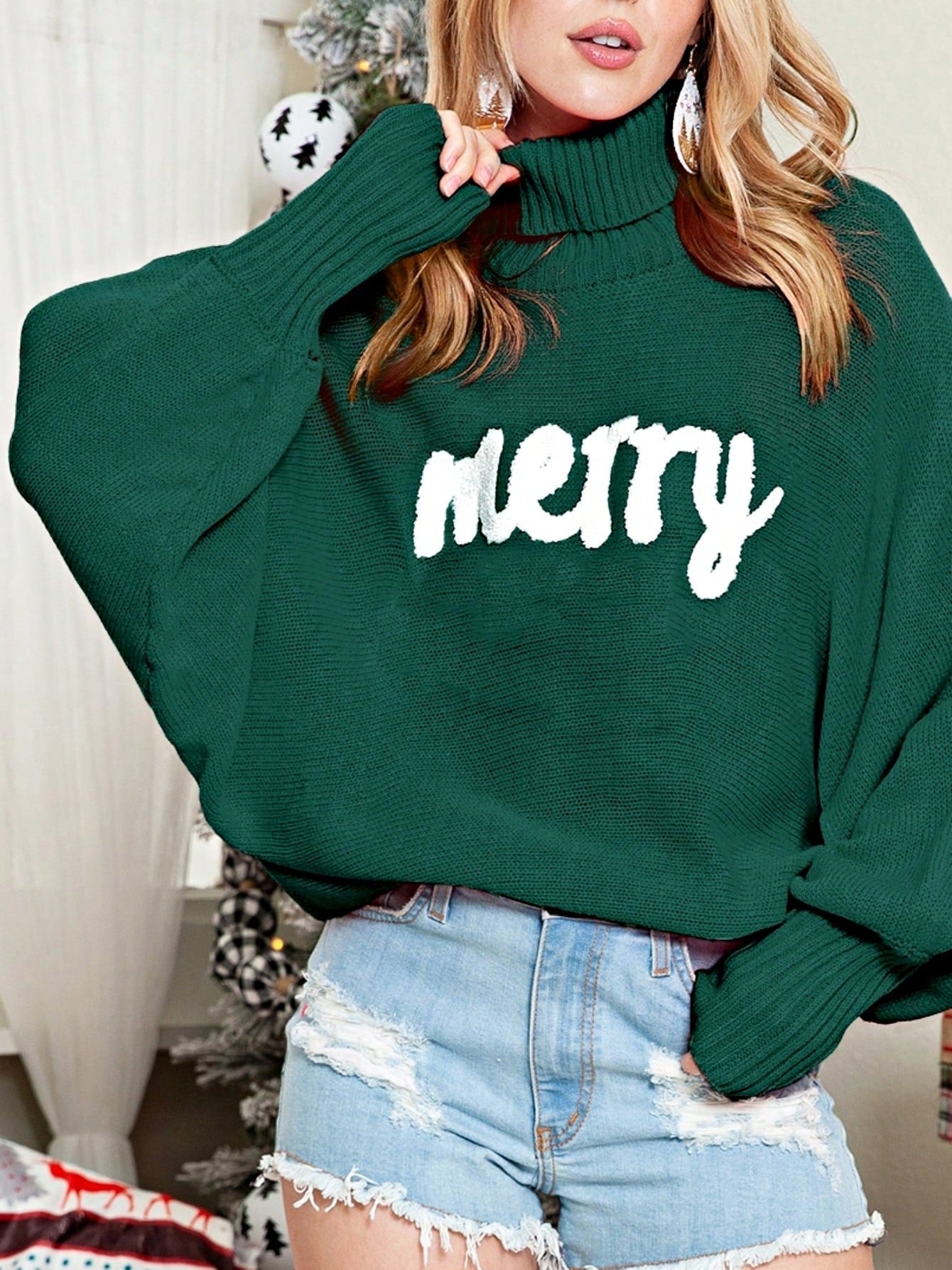 Boho Retro Vintage  90's  Drop Shoulder Dolman Sleeve Turtle Mock Neck Blue Green Pink Rose Stripe Merry Christmas Holly  Sweater Knit Top Pullover