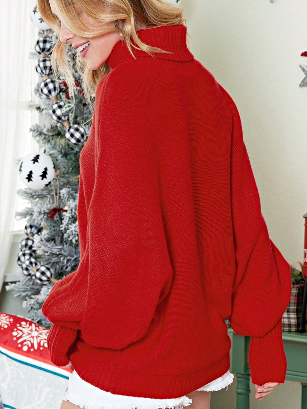 Boho Retro Vintage  90's  Drop Shoulder Dolman Sleeve Turtle Mock Neck Blue Green Pink Rose Stripe Merry Christmas Holly  Sweater Knit Top Pullover