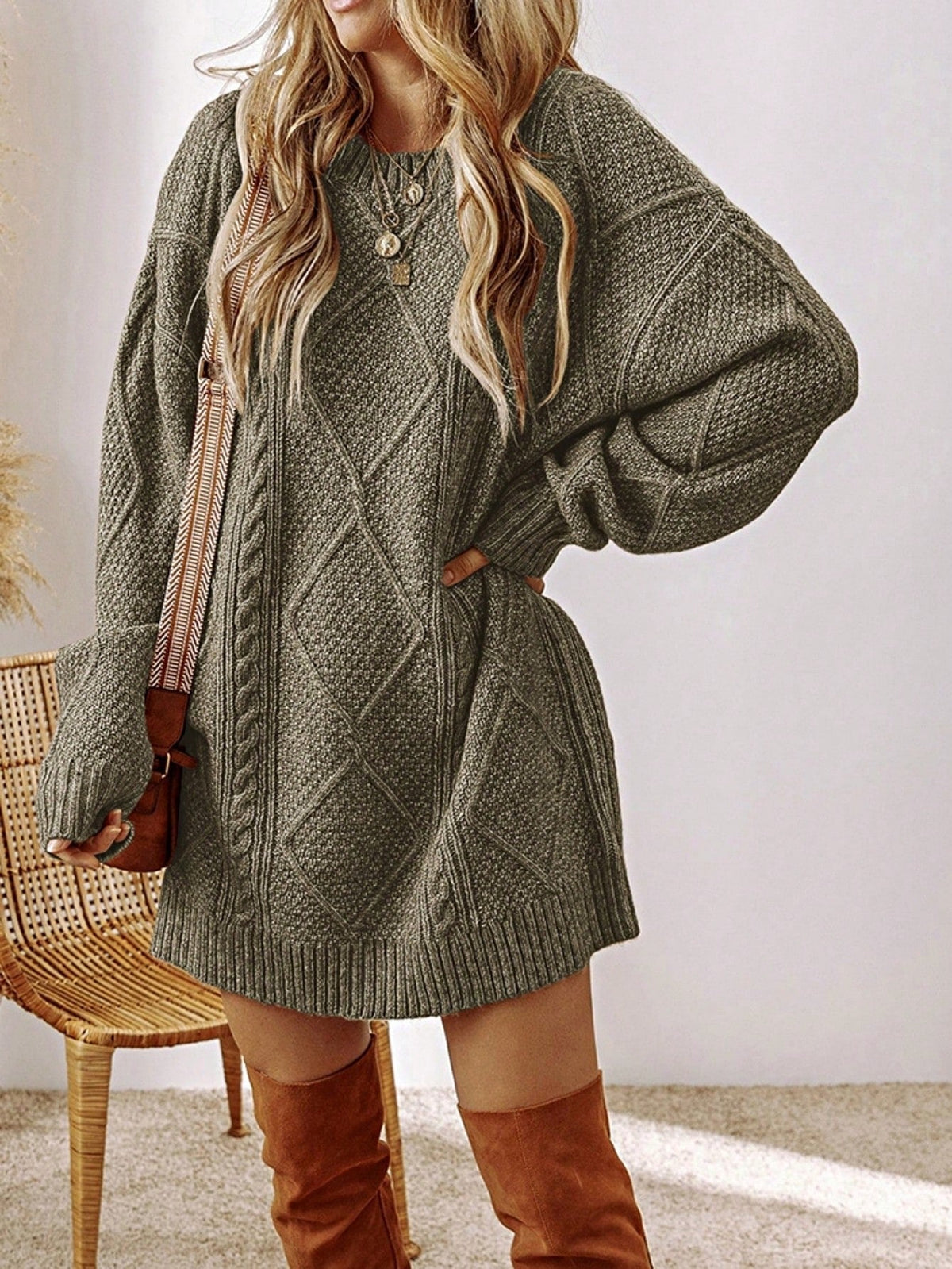Boho Vacation 90's Cozy Fall/Winter Cable Knit Drop Shoulder Loose Fit Sweater Dress