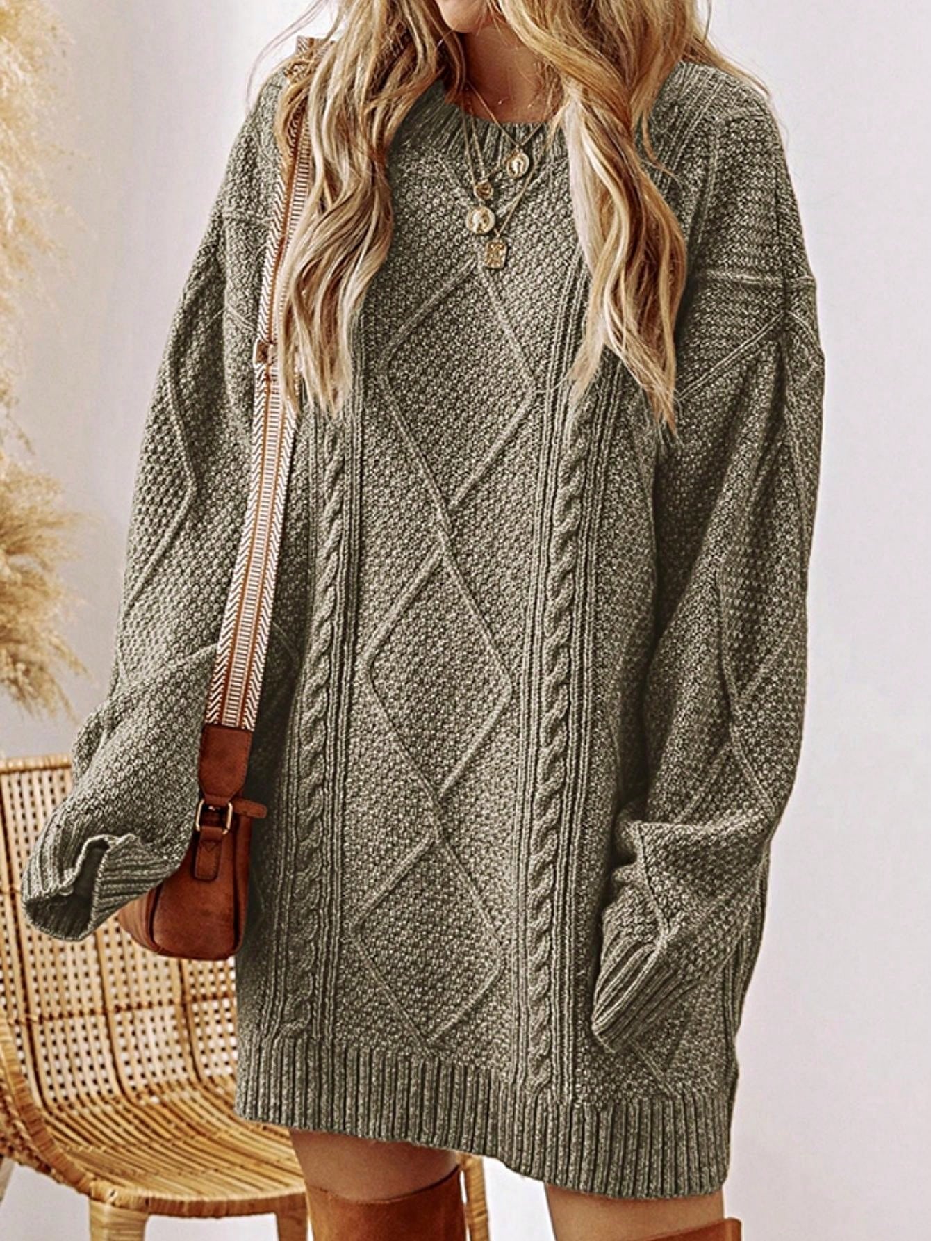 Boho Vacation 90's Cozy Fall/Winter Cable Knit Drop Shoulder Loose Fit Sweater Dress