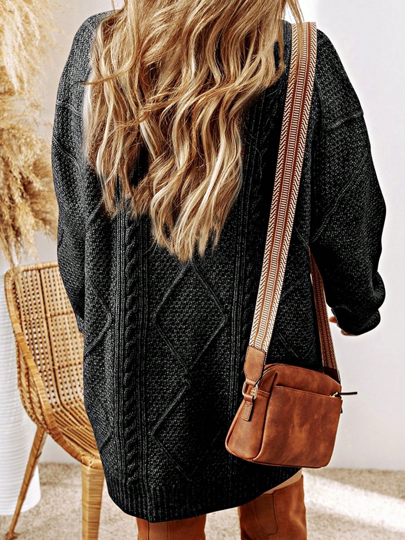 Boho Vacation 90's Cozy Fall/Winter Cable Knit Drop Shoulder Loose Fit Sweater Dress