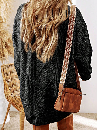 Boho Vacation 90's Cozy Fall/Winter Cable Knit Drop Shoulder Loose Fit Sweater Dress