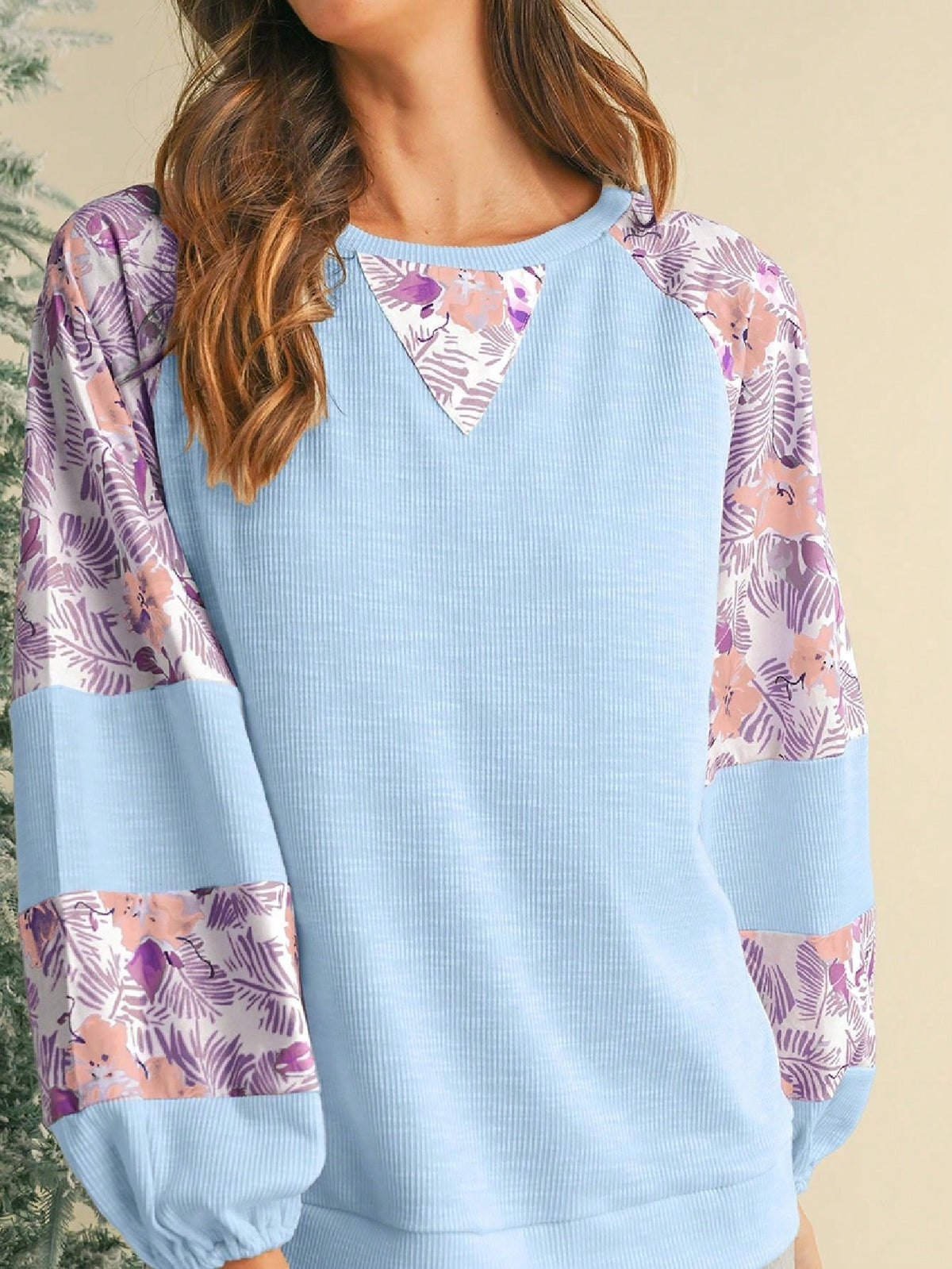Boho Retro Vintage 60's Vibe Cream Cotton Raglan Lantern Bubble Puff  Sleeve  Floral Rib Patchwork Top Sweat Shirt Blouse