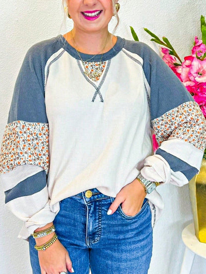 Boho Retro Vintage 60's Vibe Cream Cotton Raglan Lantern Bubble Puff  Sleeve  Floral Rib Patchwork Top Sweat Shirt Blouse
