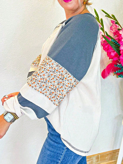 Boho Retro Vintage 60's Vibe Cream Cotton Raglan Lantern Bubble Puff  Sleeve  Floral Rib Patchwork Top Sweat Shirt Blouse