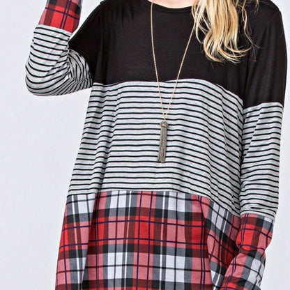 Boho Retro Rayon Color Block Pocket Soft Top Shirt Blouse Tunic | Small-3 XL