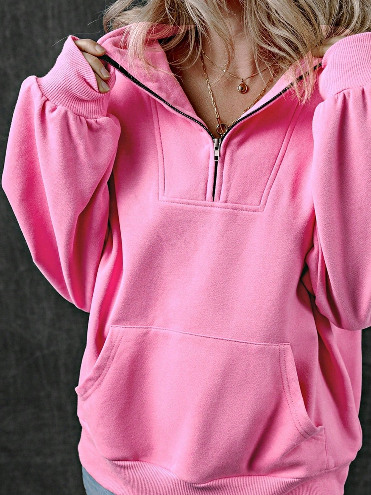 Boho Retro Vintage 90's Cotton  Solid Kangaroo Front Pocket Long Sleeve Zip Up Top Sweatshirt Hoodie Pullover Hooded