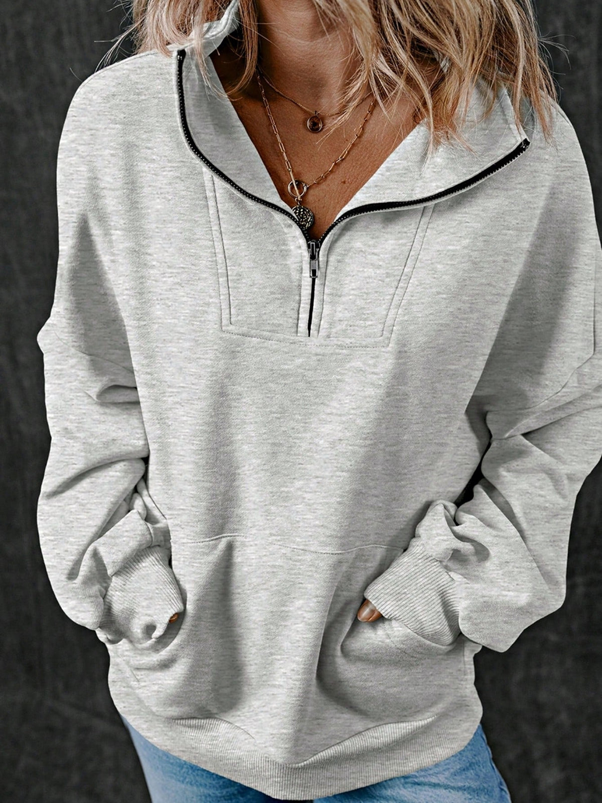 Boho Retro Vintage 90's Cotton  Solid Kangaroo Front Pocket Long Sleeve Zip Up Top Sweatshirt Hoodie Pullover Hooded