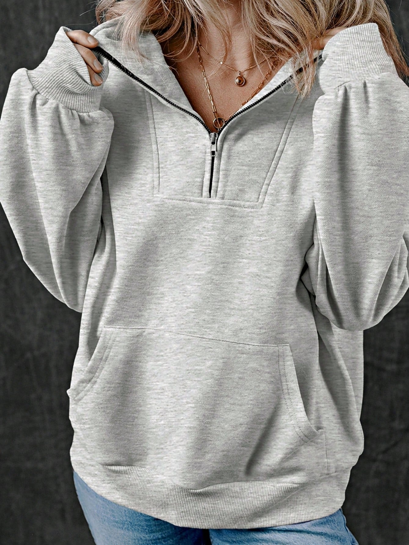 Boho Retro Vintage 90's Cotton  Solid Kangaroo Front Pocket Long Sleeve Zip Up Top Sweatshirt Hoodie Pullover Hooded