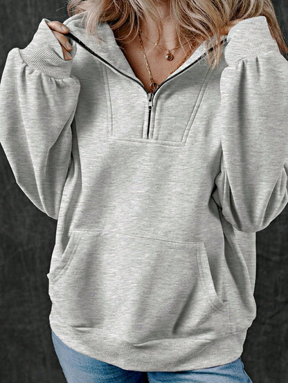 Boho Retro Vintage 90's Cotton  Solid Kangaroo Front Pocket Long Sleeve Zip Up Top Sweatshirt Hoodie Pullover Hooded