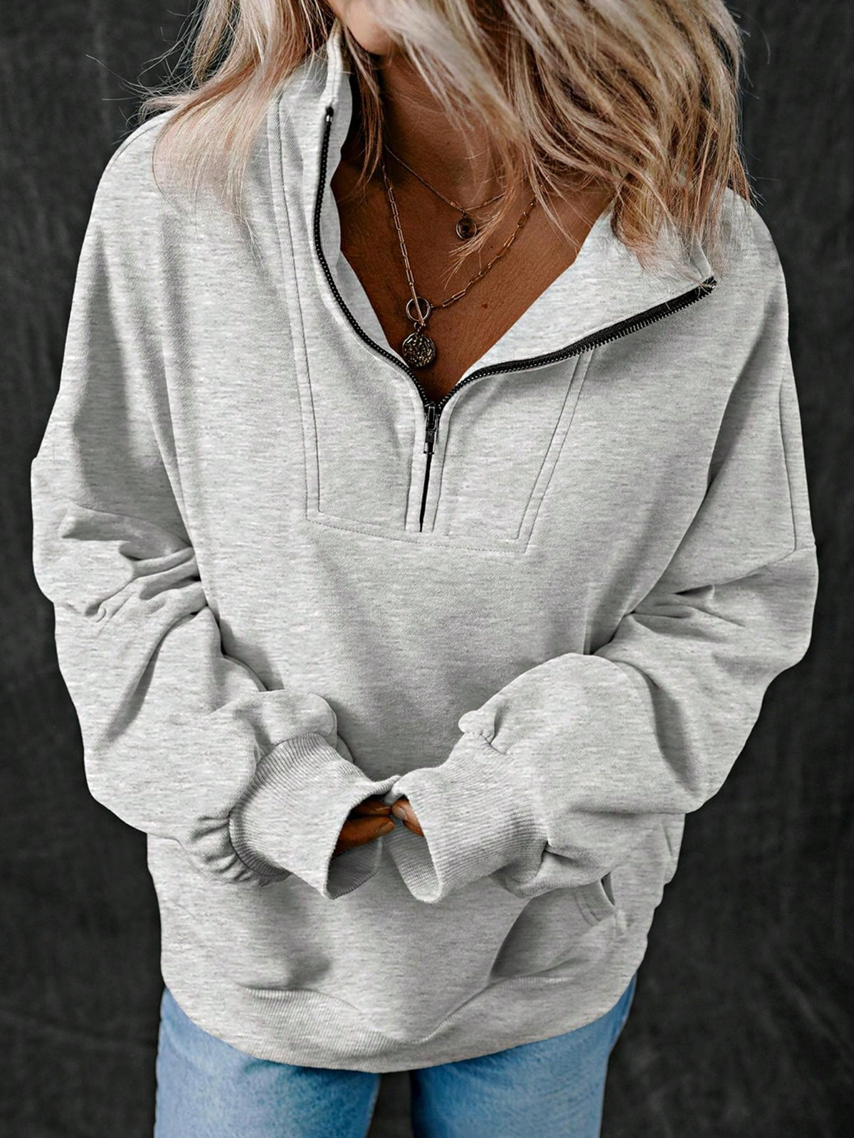 Boho Retro Vintage 90's Cotton  Solid Kangaroo Front Pocket Long Sleeve Zip Up Top Sweatshirt Hoodie Pullover Hooded