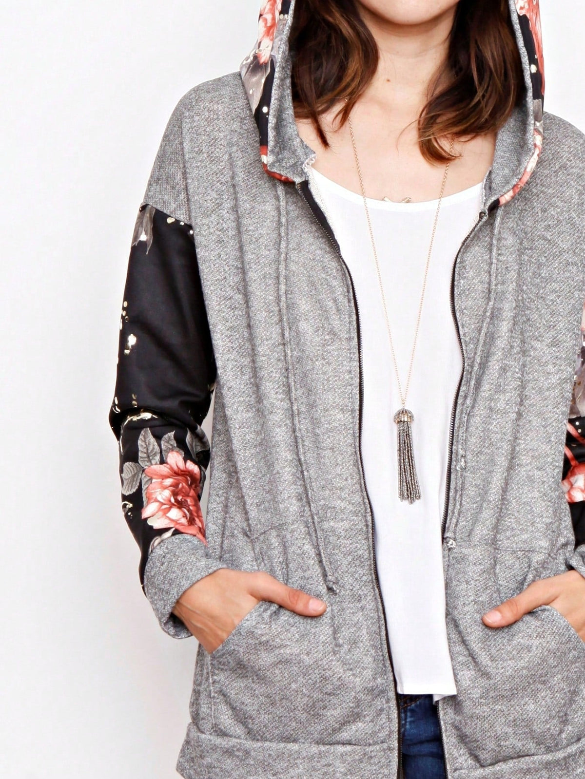 Boho Vintage 90's  Solid Brushed Knit Classic Tiered Hooded Zip Up Flared Cardigan Jacket
