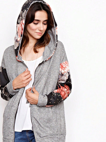 Boho Vintage 90's  Solid Brushed Knit Classic Tiered Hooded Zip Up Flared Cardigan Jacket