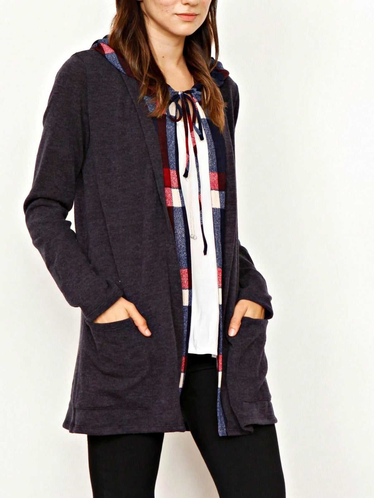 Boho Vintage 90's  Solid Brushed Knit Classic Tiered Hooded Zip Up Flared Cardigan Jacket