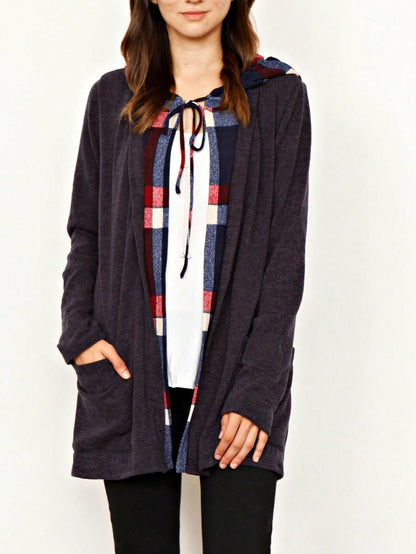 Boho Vintage 90's  Solid Brushed Knit Classic Tiered Hooded Zip Up Flared Cardigan Jacket