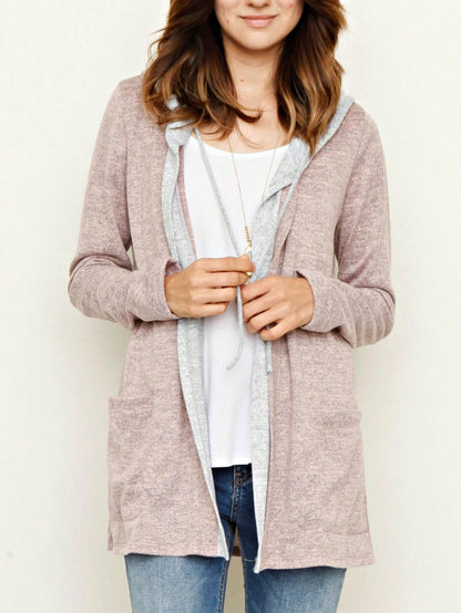 Boho Vintage 90's  Solid Brushed Knit Classic Tiered Hooded Zip Up Flared Cardigan Jacket